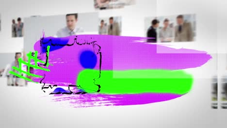 Animation-of-multi-coloured-paint-smudge-over-business-people-in-office