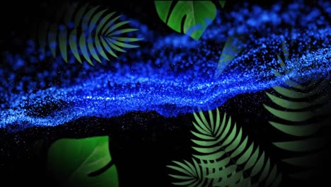 Animation-of-floating-blue-particles-over-drips-and-green-leaves,-on-black-background