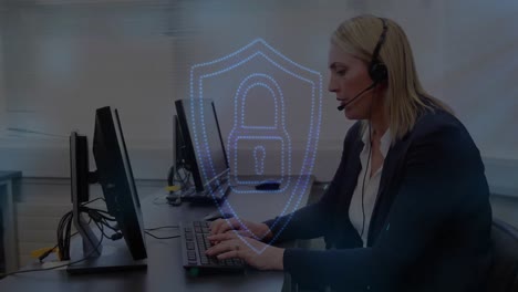 Animation-of-security-shield-and-light-over-businesswoman-wearing-headset