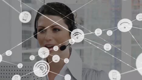 Animation-of-network-of-connections-and-icons-over-businesswoman-wearing-headset