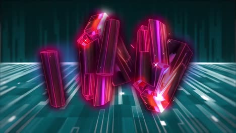 Animation-of-pink-glowing-3d-shapes-over-glowing-stripes-and-moving-colorful-grid