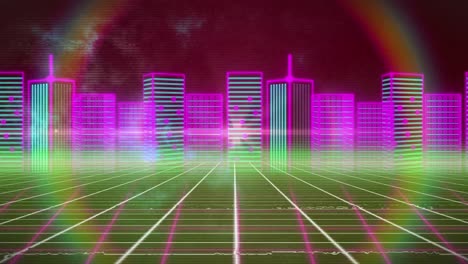 Animation-Einer-Farbenfrohen-Digitalen-Stadtlandschaft-über-Einem-Sich-Bewegenden-Bunten-Gitter