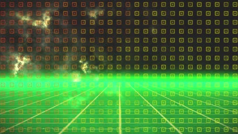 Animation-of-moving-yellow-shapes-over-glowing-moving-green-grid