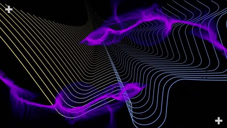 Animation-of-floating-purple-vapour-over-parallel-yellow-and-blue-lines,-moving-on-black
