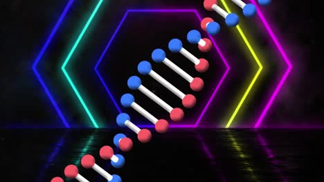 Animation-Eines-Rotierenden-DNA-Strangs-über-Bunten-Neonsechsecken,-Die-Sich-Auf-Schwarzem-Hintergrund-Bewegen