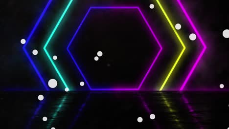 Animation-of-white-light-spots-and-colourful-neon-hexagons,-moving-on-black-background