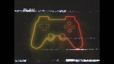 Animation-of-playback-interface-with-interference-and-flashing-orange-neon-gamepad,-on-black