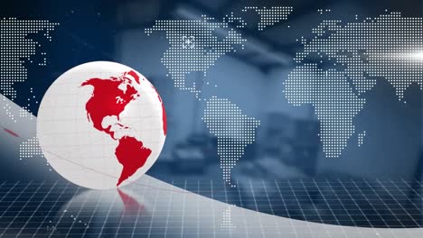 Digital-animation-of-spinning-globe-over-world-map-against-spot-of-light-and-warehouse