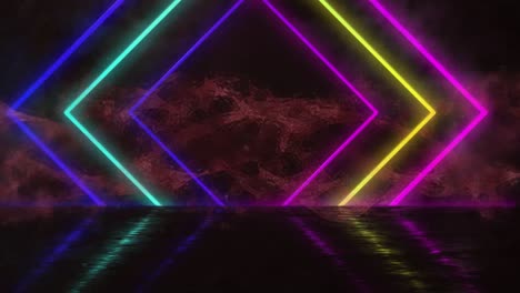 Animation-of-colourful-neon-diamonds-moving-over-dark-cloudy-sky