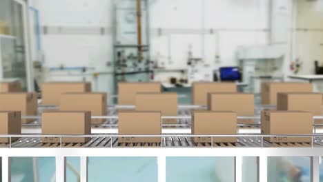 Animation-of-cardboard-boxes-moving-on-conveyor-belts-in-warehouse