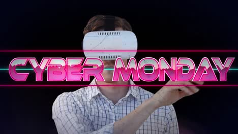 Animation-of-cyber-monday-text-in-metallic-pink-letters-over-man-wearing-vr-headset