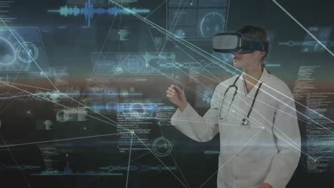 Animation-Von-Verbindungsnetzwerken-über-Einer-Ärztin,-Die-Ein-VR-Headset-Trägt