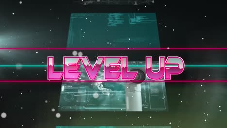 Animation-of-level-up-text-in-metallic-pink-letters-over-screens-with-data-processing