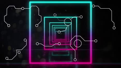 Animation-of-white-connections-and-blue-and-pink-neon-squares,-moving-on-black-background