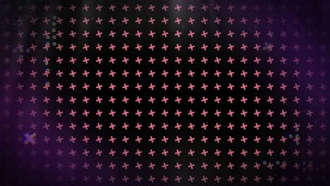 Animation-of-distorting-white-crosses-over-grid-of-turning-pink-crosses-on-black-background