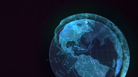Digital-animation-of-blue-globe-spinning-against-black-background