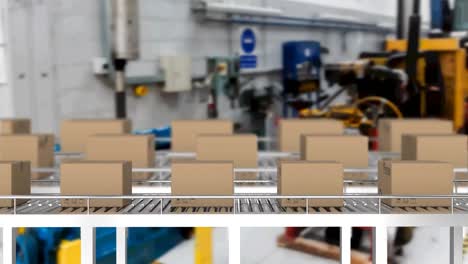 Multiple-delivery-boxes-on-conveyor-belt-against-factory-in-background