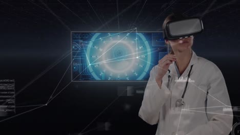 Animation-Von-Verbindungsnetzwerken-über-Einer-Ärztin,-Die-Ein-VR-Headset-Trägt