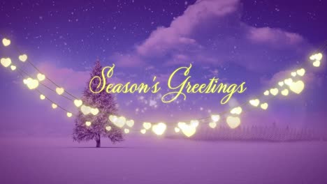 Animation-of-season's-greetings-text-strings-of-glowing-christmas-fairy-lights-and-christmas-tree