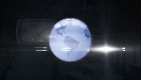 Digital-animation-of-spinning-globe-against-spot-of-light-on-black-background
