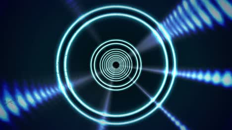 Animation-Leuchtender-Kreise,-Die-Sich-In-Einem-Tunnel-Aus-Leuchtenden-Lichtern-Drehen