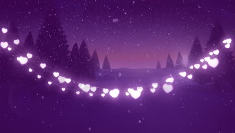 Animation-of-snow-falling-over-christmas-fairy-lights-with-fir-trees-in-background