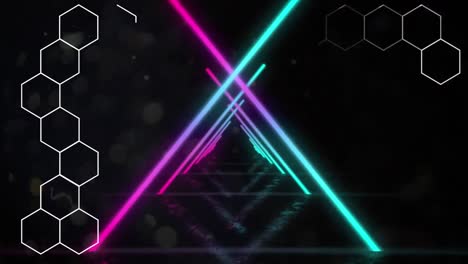 Animation-of-white-line-hexagons-and-crossed-blue-and-pink-neon-lights,-on-black-background