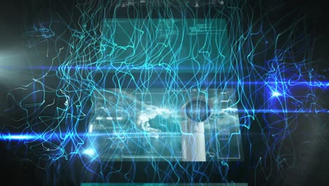 Animation-of-glowing-connections-moving-over-screens-with-digital-data-processing