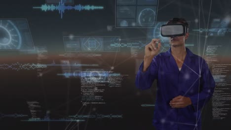 Animation-Des-Netzwerks-Von-Verbindungen-Und-Datenverarbeitung-über-Einem-Arzt,-Der-Ein-VR-Headset-Trägt