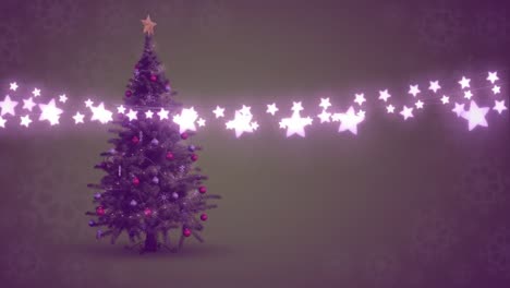 Animation-of-snow-falling-over-christmas-fairy-lights-with-christmas-tree-in-background