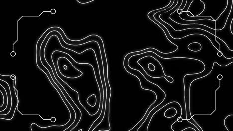 Animation-of-white-connections-and-white-contour-lines,-moving-on-black-background
