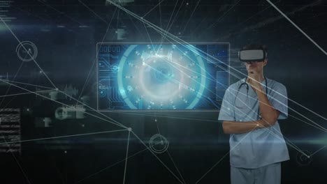 Animation-Des-Netzwerks-Von-Verbindungen-Und-Datenverarbeitung-über-Einem-Arzt,-Der-Ein-VR-Headset-Trägt