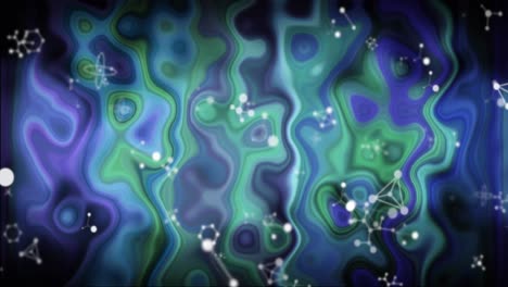 Digitale-Animation-Molekularer-Strukturen,-Die-Vor-Flüssigem-Textureffekt-Auf-Schwarzem-Hintergrund-Schweben