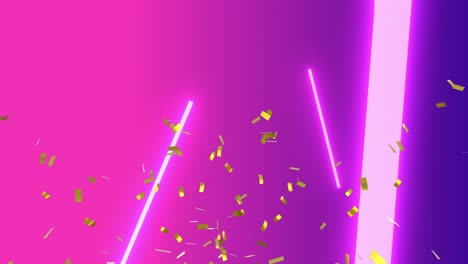 Digital-animation-of-golden-confetti-falling-over-neon-lines-against-purple-gradient-background