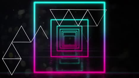 Animation-of-white-line-triangles-and-blue-and-pink-neon-squares-moving-on-black-background