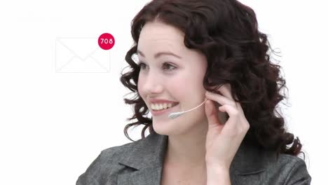 Animation-of-email-icon-and-changing-numbers-over-woman-wearing-phone-headsets