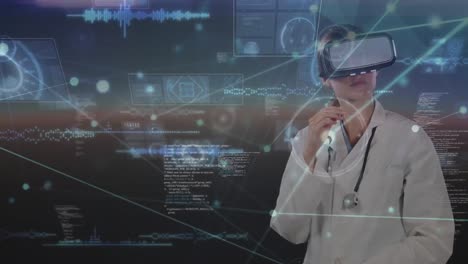 Animation-Des-Netzwerks-Von-Verbindungen-Und-Datenverarbeitung-über-Einer-Ärztin,-Die-Ein-VR-Headset-Trägt
