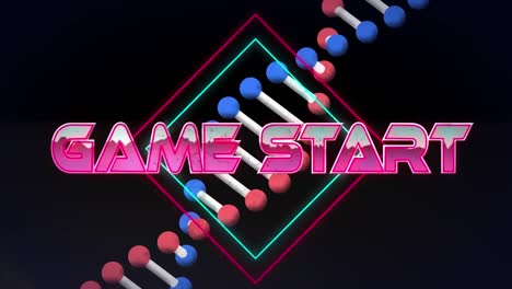 Animation-of-game-start-text-in-metallic-pink-letters-over-dna-strand-spinning