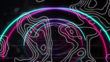Animation-Von-Weißen-Konturlinien-über-Blauen-Und-Rosa-Neon-Halbkreisen,-Die-Sich-Auf-Schwarzem-Hintergrund-Bewegen