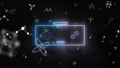 Animation-of-white-networks-over-blue-and-purple-gamepad-on-black-background