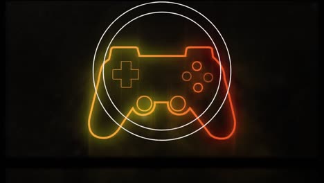 Animation-of-white-rings-over-flashing-orange-neon-gamepad-on-black-background