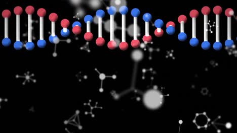 Animation-Eines-Rotierenden-DNA-Strangs,-über-Weißen-Verbindungen,-Die-Sich-Auf-Schwarzem-Hintergrund-Bewegen