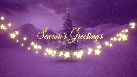Seasons-greeting-text-and-starlight-decorations-against-snow-over-christmas-tree-on-winter-landscape