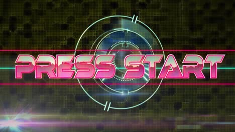 Animation-of-press-start-text-in-metallic-pink-letters-over-scope-scanning