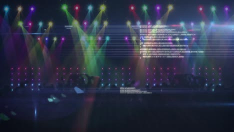 Animation-Tanzender-Menschensilhouetten-Mit-Datenverarbeitung,-Scheinwerfern-Und-Grafischem-Musik-Equalizer