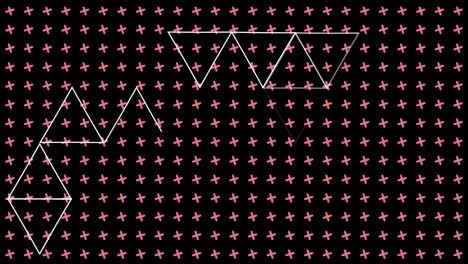 Animation-of-white-line-triangles-moving-over-grid-of-turning-pink-crosses-on-black-background