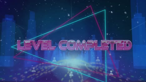 Animation-of-level-completed-text-in-metallic-pink-letters-over-cityscape-and-grid