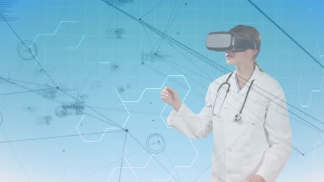Animation-Des-Netzwerks-Von-Verbindungen-Und-Datenverarbeitung-über-Einer-Ärztin,-Die-Ein-VR-Headset-Trägt