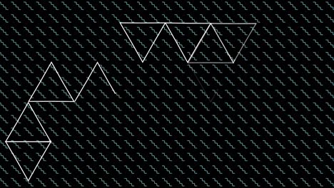 Animation-of-white-line-triangles-moving-on-grid-of-wavy-lines,-on-black-background