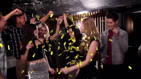 Animation-of-confetti-falling-over-happy-group-of-friends-dancing-at-party